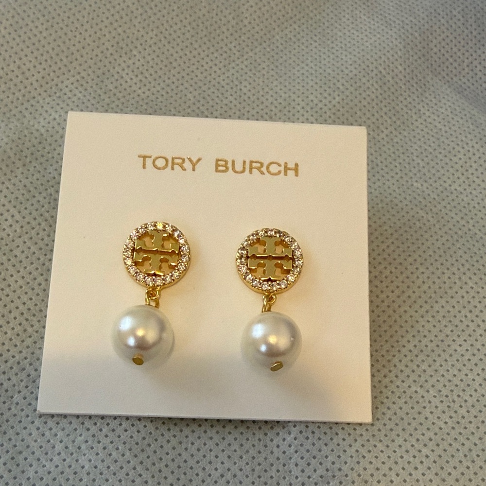 Tory Burch Gold and White Pearl Drop Earrings